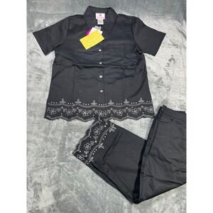 Vintage 90s Quacker Factory 2 Piece Set Womens M Top & Capri Pants Rhinestone